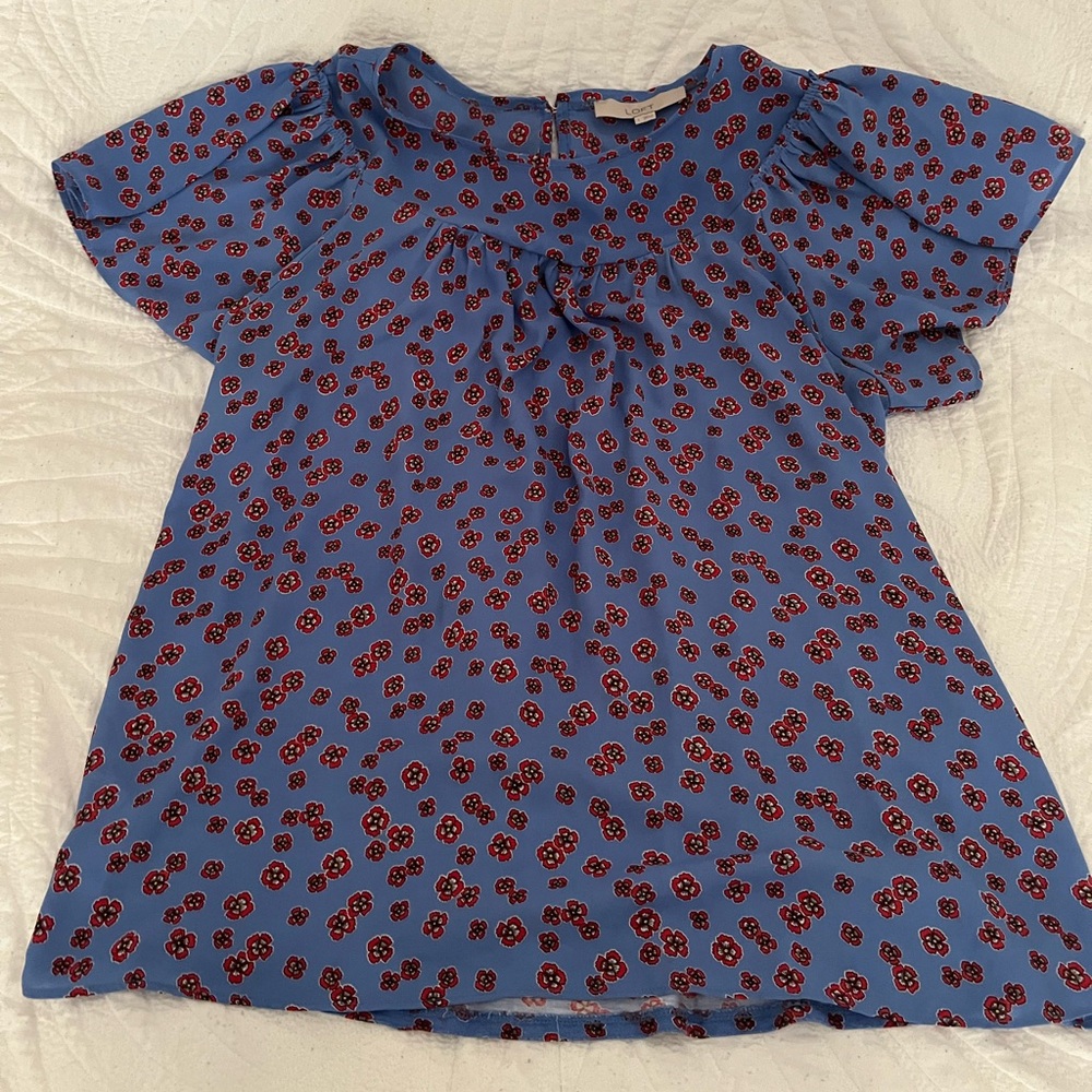 Blue Loft Red Poppy flower blouse, size Large